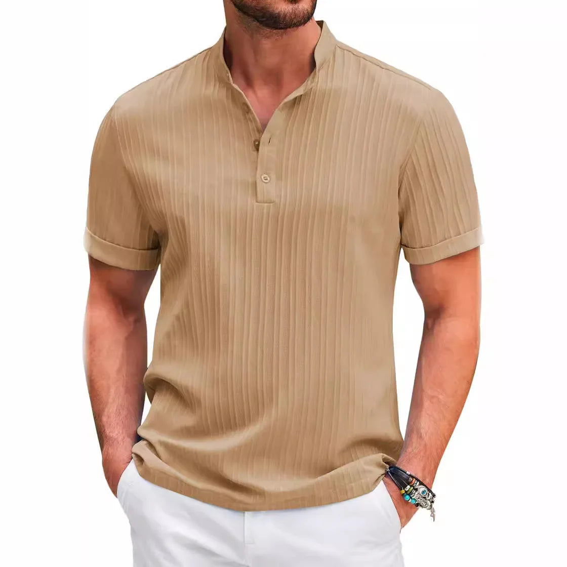 Camisa Manga Curta de algodão, Mancini Bellini® Henley Listrada