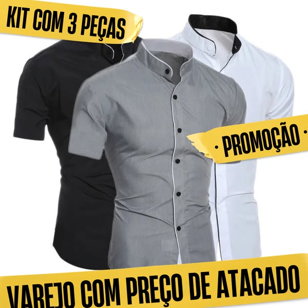 Kit com 3 Camisas Sociais - Gola Padre - Manga Curta