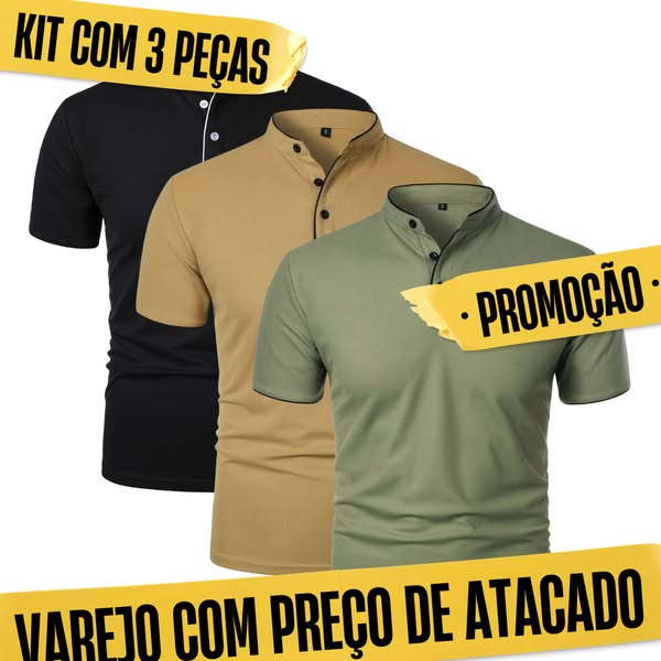 Kit com 3 Camisetas Gola Padre Slim Fit Masculinas