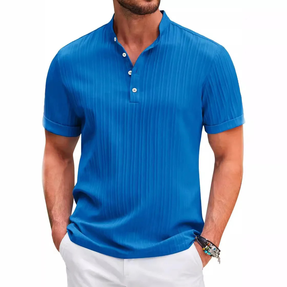 Camisa Manga Curta de algodão, Mancini Bellini® Henley Listrada